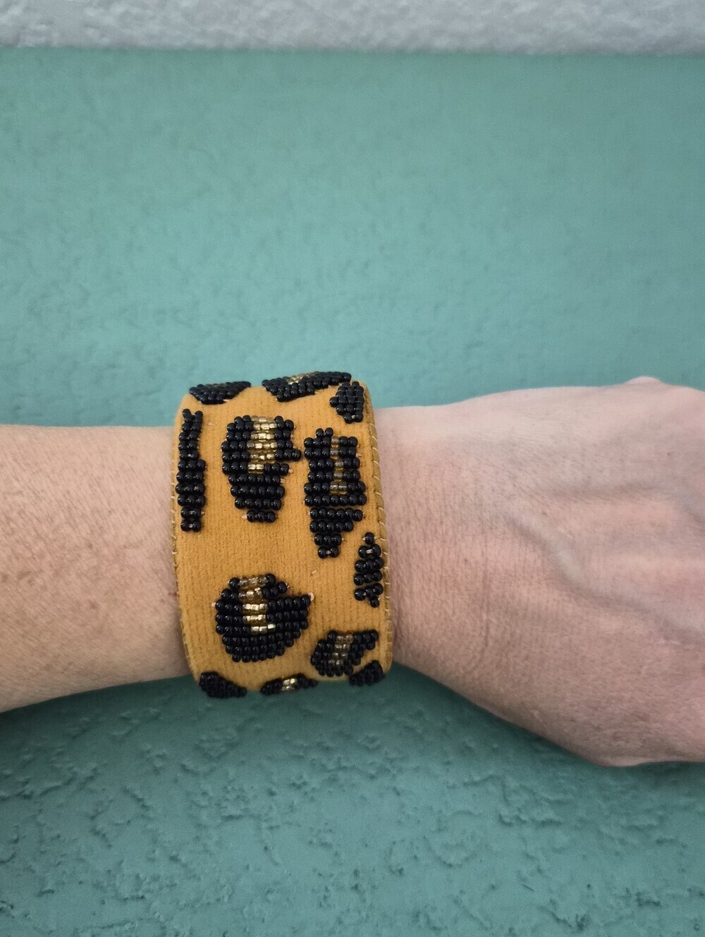 Noonday Wild and Free Leopard Beaded Cuff Bracelet Animal Print Boho Maximalist